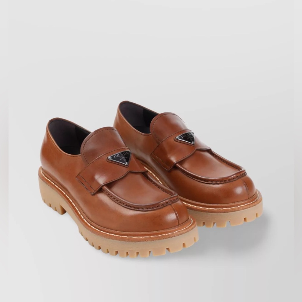Prada Authentic Women’s Cognac Leather Lug Sole Loafer 37.5 NWT Receipt Included